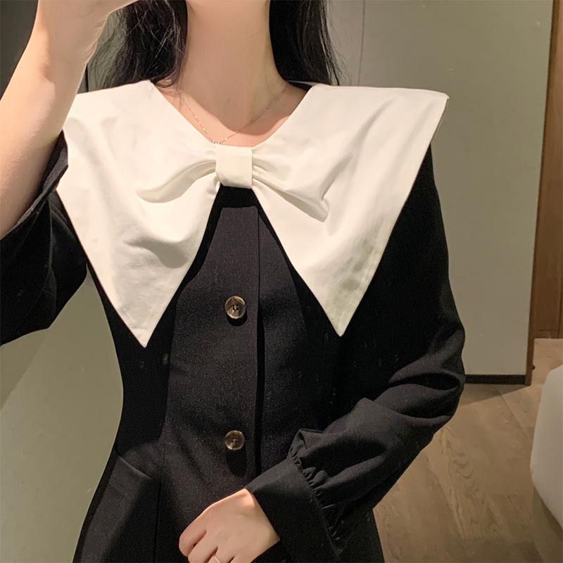 Váy babydoll Đầm Đen Ôm Eo Đính Nơ Phong Cách Pháp Thời Trang Thu Đông 2022 Cho Nữ