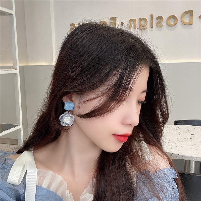S925 Khuyên tai chuôi bạc hoa trà bông tai trong suốt ulzzang Cocochang shop