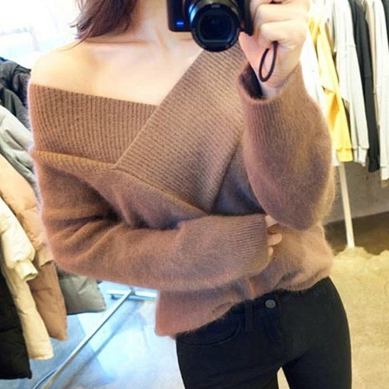 SUXI Áo Sweater Dệt Kim Cổ Chữ V Trễ Vai Quyến Rũ Thời Trang Cho Nữ Phong Cách Hàn Quốc