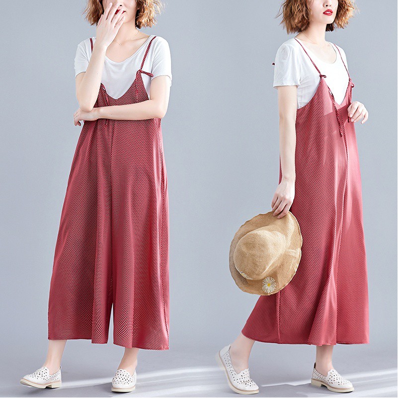 [ORDER] Quần yếm nữ bigsize ống rộng đỏ chấm bi trẻ trung (fit 70kg) | BigBuy360 - bigbuy360.vn