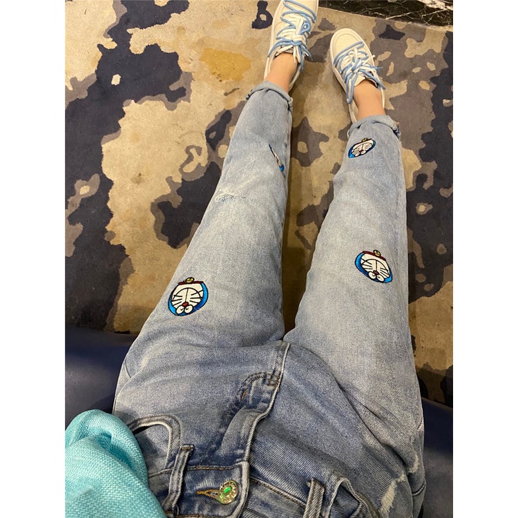 European station 2022 summer new embroidery robot cat jeans women's large size high waist style Harlan trousers trend