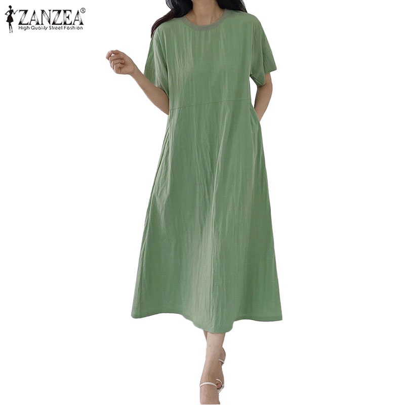 Đầm ZANZEA dài tay ngắn cổ tròn màu trơn thời trang đường phố cho nữ
