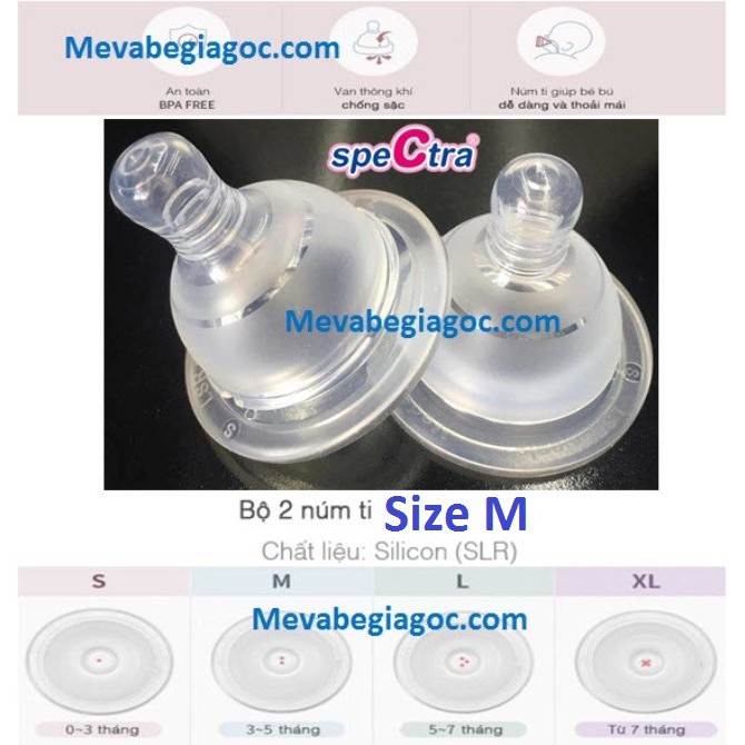 HỘP 2 NÚM TI SILICON CỔ RỘNG CAO CẤP SPECTRA (SIZE M cho bé từ 3 – 5 tháng)