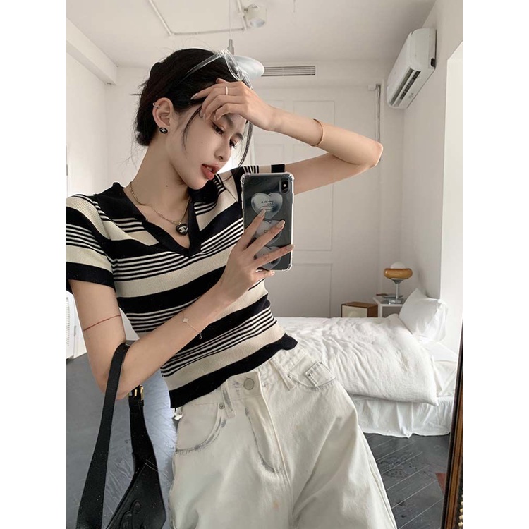Áo Sweater Dệt Kim Mỏng Cổ polo Tay Ngắn Kẻ Sọc Màu Sắc Tương Phản Kiểu Retro Cho Nữ  tao bao