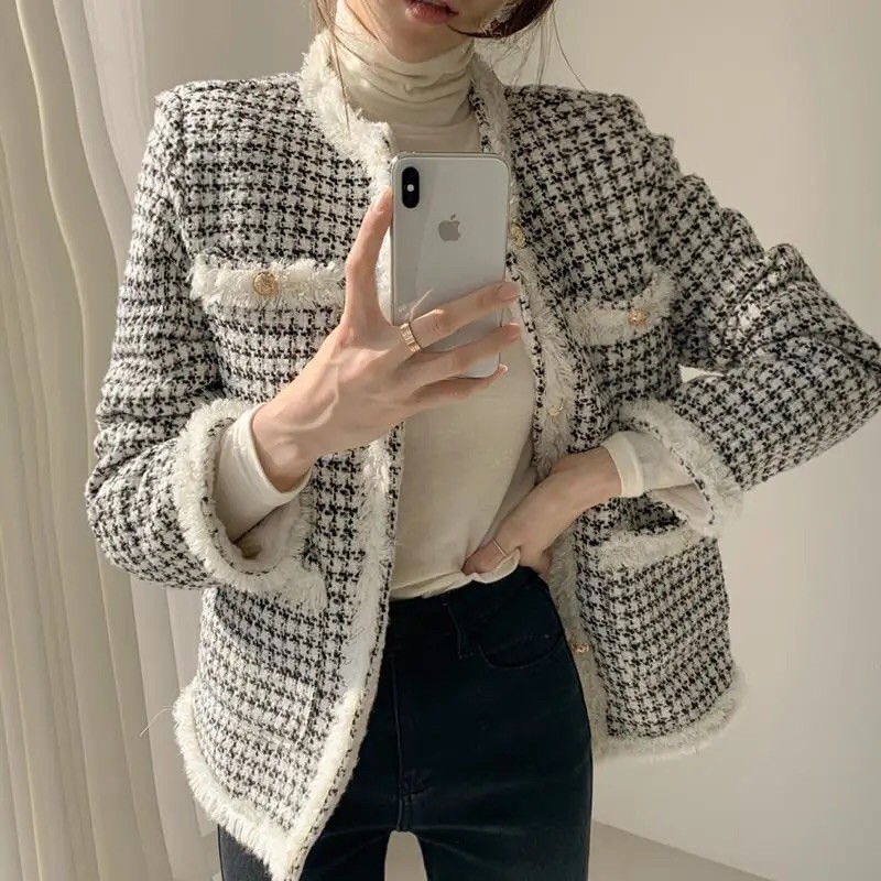 Áo dạ tweed kẻ ô tua rua hàng Quảng châu lót bông