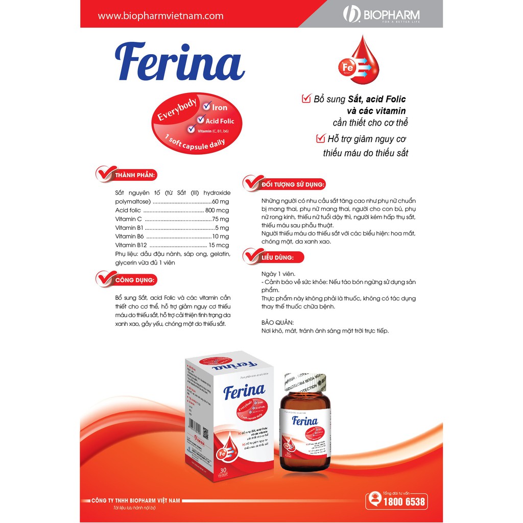 Viên sắt FERINA bổ sung Sắt, Acid Folic cho người thiếu máu, phụ nữ mang thai