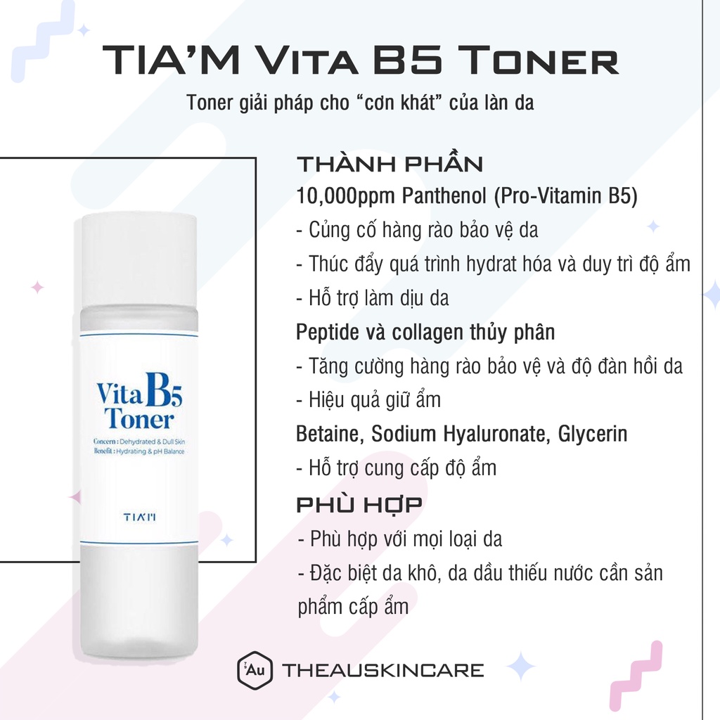 TIA'M | Nước Cân Bằng Da Dưỡng Ẩm, Dịu Da với Vitamin B5 - VITA B5 TONER 180ML [Hàng Chính Hãng từ TIA'M]