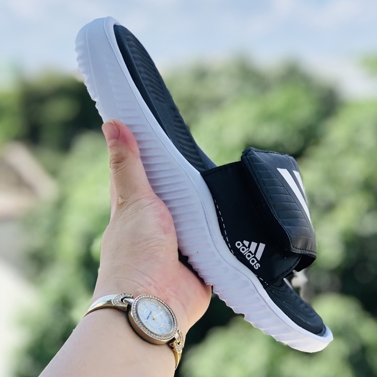 Dép Alphabounce adidas QC 🎁FREESHIP + hộp hãng🎁 quai ngang dán xé nam nữ 3 sọc QC, Alpha-đen-sọc-trắng-QC