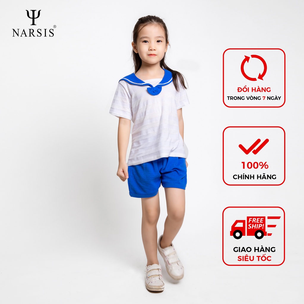 Bộ đồ hè bé gái Narsis KM1003 chất Cotton màu xanh phối trắng kẻ