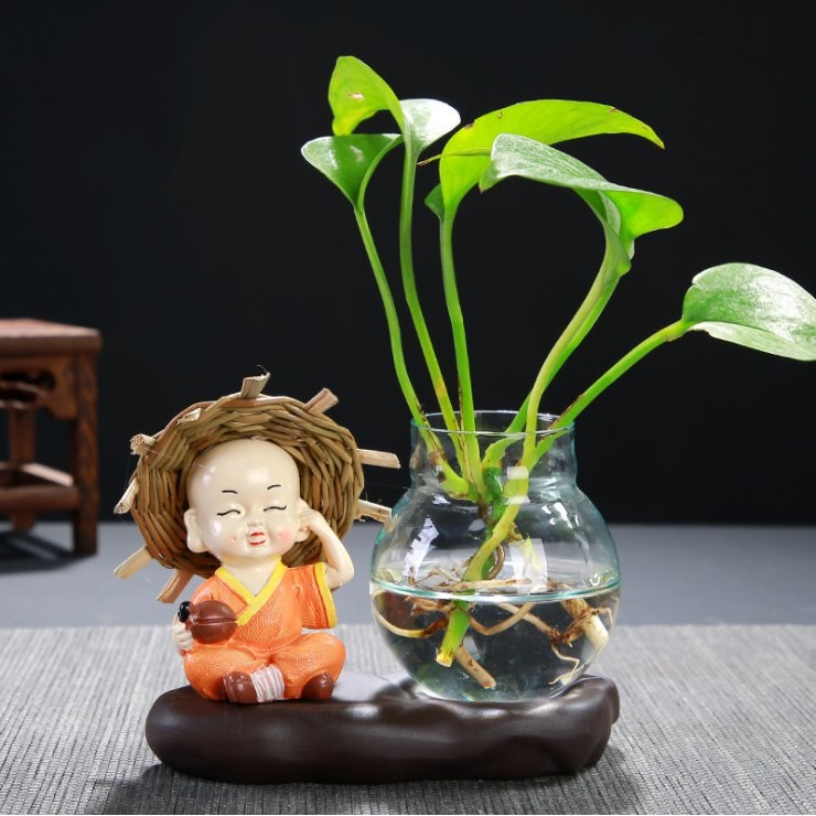 Bình thủy sinh trồng cây kèm tượng 4 chú tiểu Tứ Không : Không Nghe Không Nói Không Thấy Không Làm để bàn -HO03