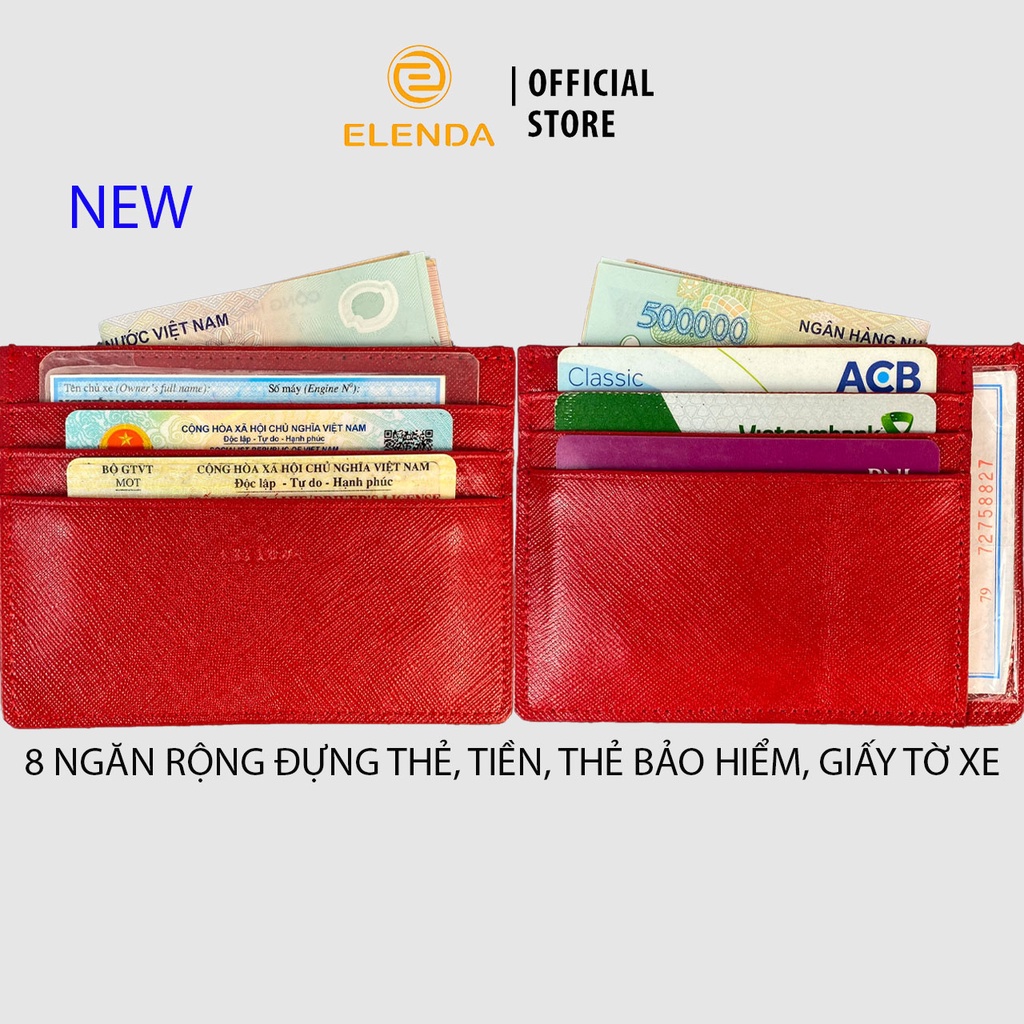 Ví đựng thẻ nam nữ da thật saffiano xịn sò Elenda có 8 ngăn đựng tiền, thẻ bảo hiểm, giấy tờ xe: VIE008