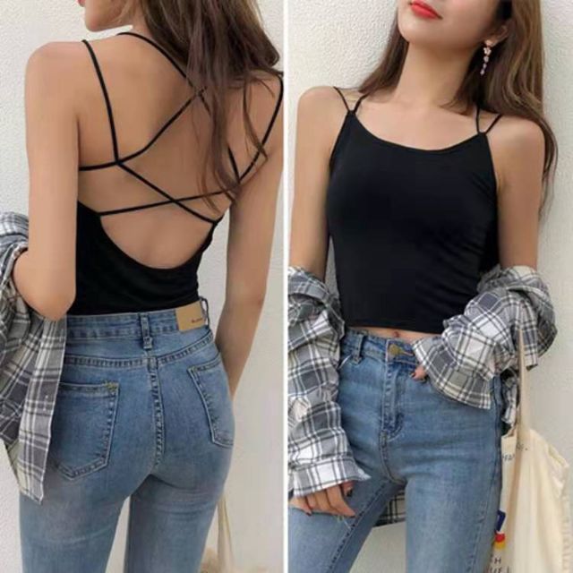 Áo croptop chéo lưng cotton, đệm mút liền 2 trong 1 | BigBuy360 - bigbuy360.vn