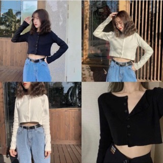 ✅Áo Croptop Gân Nút Tay Dài Yan