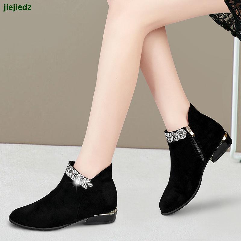 Giày Bốt Martin Da Lộn Đế Bằng Đính Đá Kiểu Anh Thời Trang Thu Đông Size Lớn 33-43