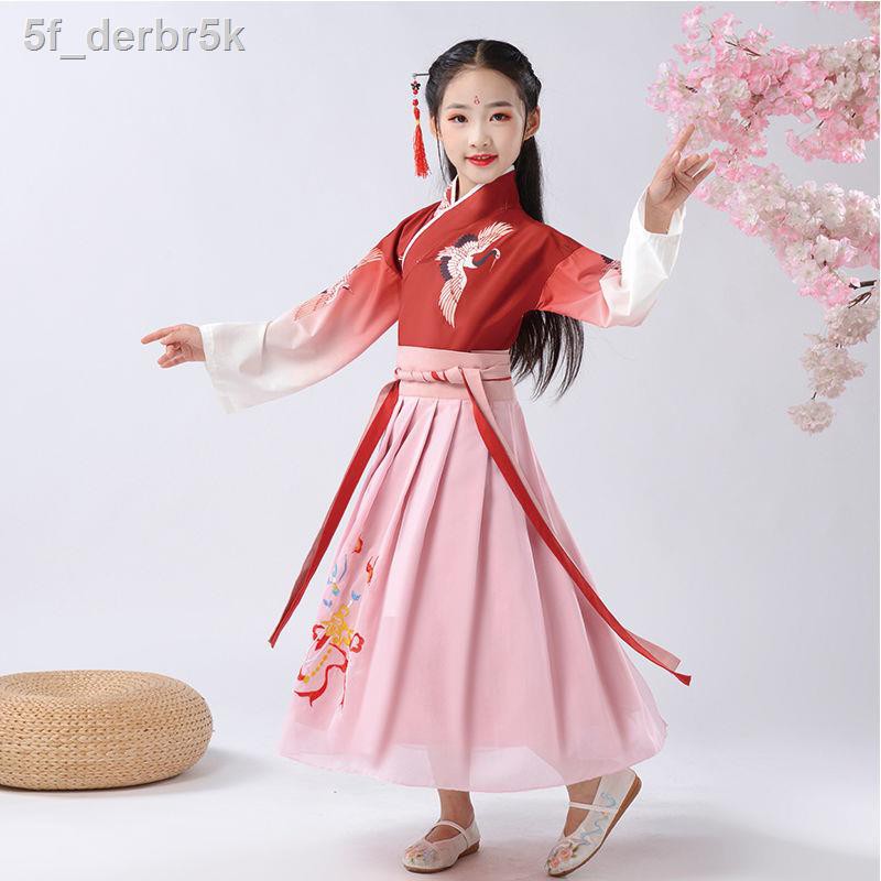 (Giá Hủy Diệt)Trẻ em Hanfu cô gái trọn bộ quần áo trang phục nữ siêu tiên lưới màu đỏ mùa xuân và thu Phong cách Trung Q