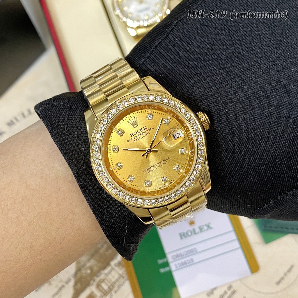 Đồng hồ nam Rolex viền đá mặt tròn chống nước, máy cơ automatic bảo hành 12m DH1519 sieucap64