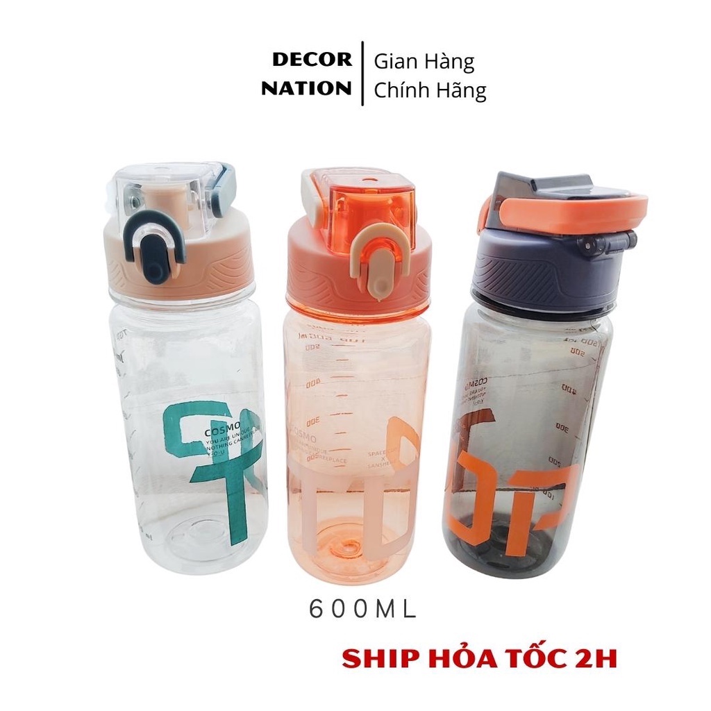 Bình Nước Nhựa Học Sinh Cosmo Bình Nước Thể Thao Chia Vạch Dung Tích 500ml-520ml-600ml Thể Thao Học Sinh