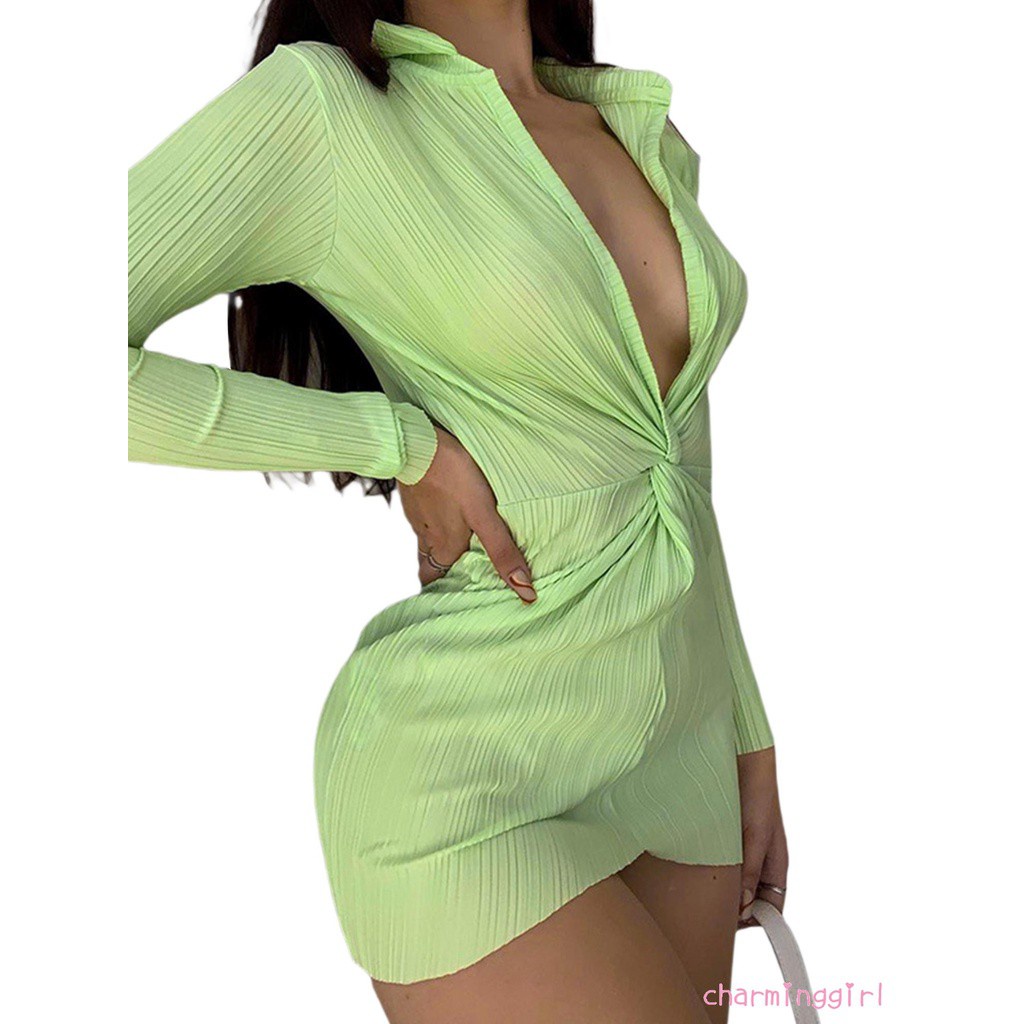 Đầm tay dài cổ chữ v màu trơn dáng ôm thời trang quyến rũ cho nữ