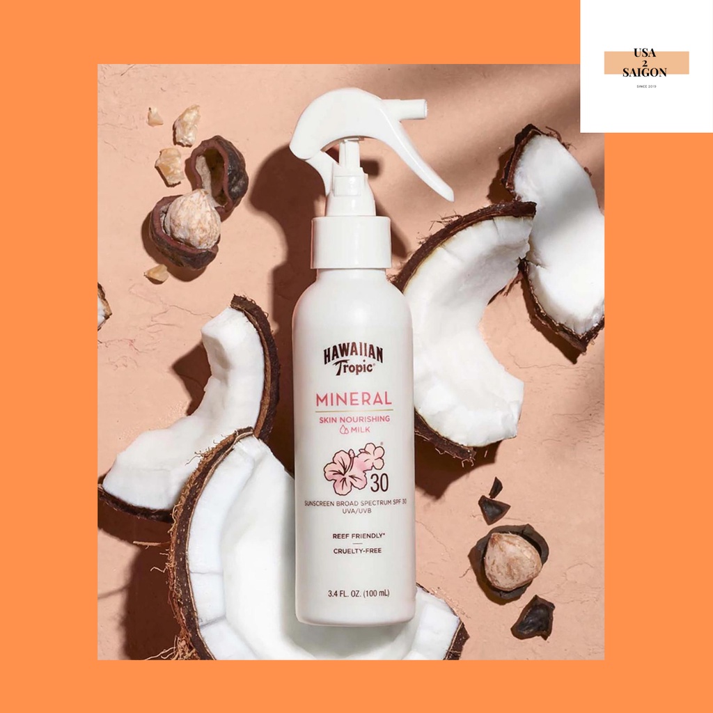 Kem chống nắng vật lý cho mặt và toàn thân Hawaiian Tropic Mineral Skin Nourishing Milk Spray Face &amp; Body SPF 30