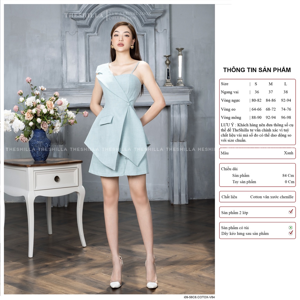 Váy thiết kế cao cấp màu xanh đấp chéo 1 bên dây đính nút [ Có video + Ảnh thật ] The Shilla -  i09-56C3