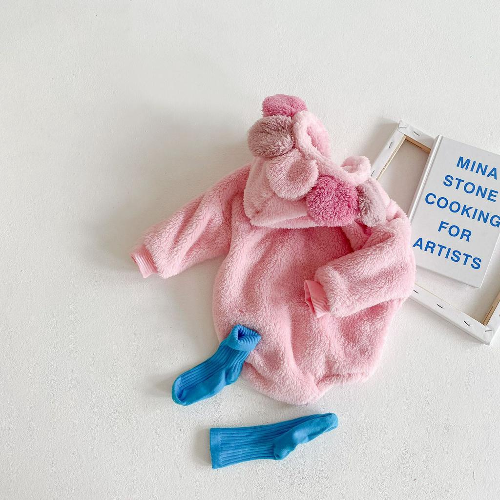 Áo liền thân có mũ trùm bằng nhung dễ thương thời trang mùa đông cho bé gái