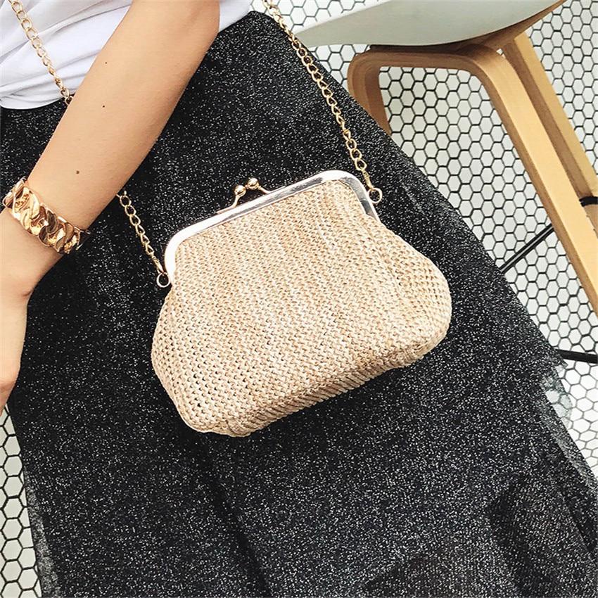 Túi cói Clutch ví dự tiệc cầm tay, đeo dây xích - phong cách Hàn Quốc