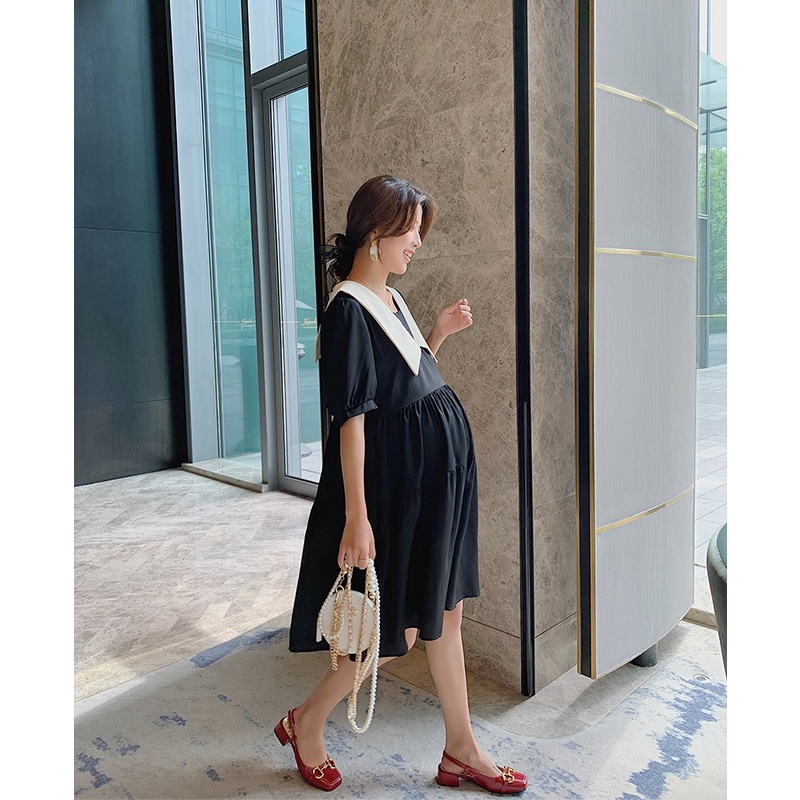 Váy đầm bầu dáng xuông cổ thủy thủ thiết kế công sở,dự tiệc cho mẹ bầu phong cách hàn quốc sang trọng lịch sự mới mùa hè