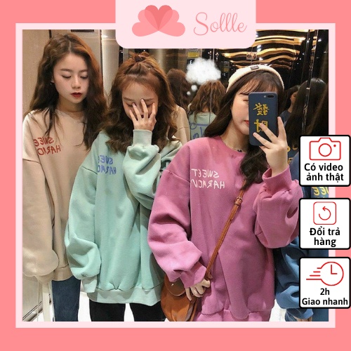 Áo sweater nỉ dáng rộng unisex thu đông dày dặn mềm mịn in chữ cá tính Hàn Quốc Sollle