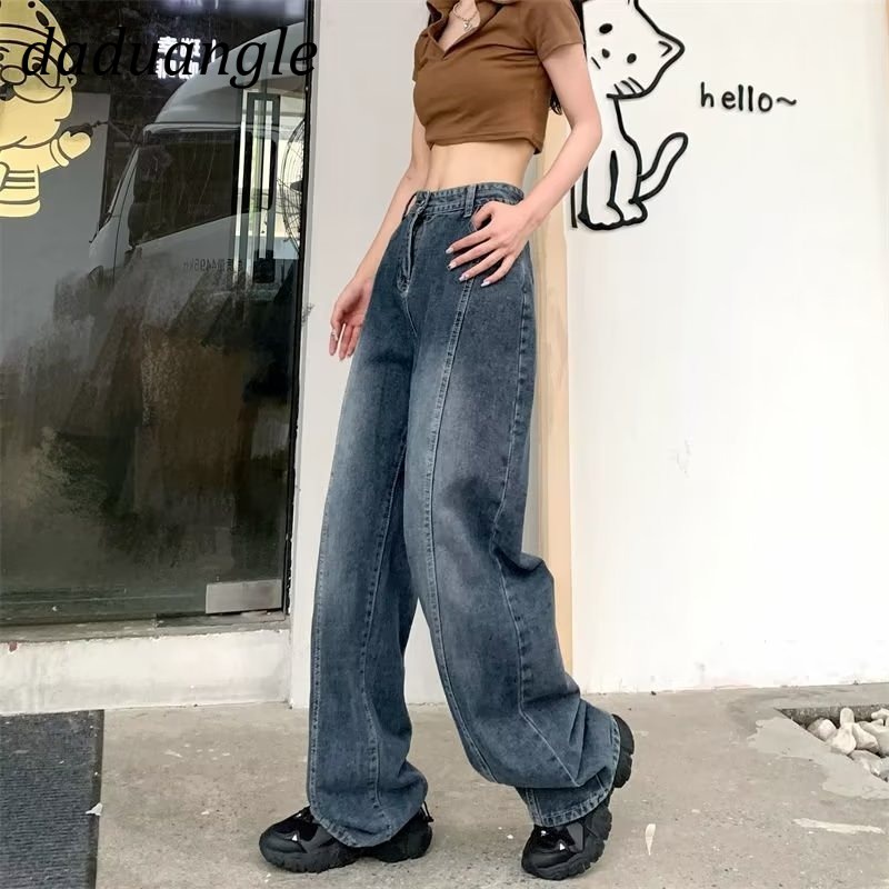 Daduhey Quần jean ống rộng lưng cao có size ngoại cỡ phong cách Mỹ thời trang cho nữ