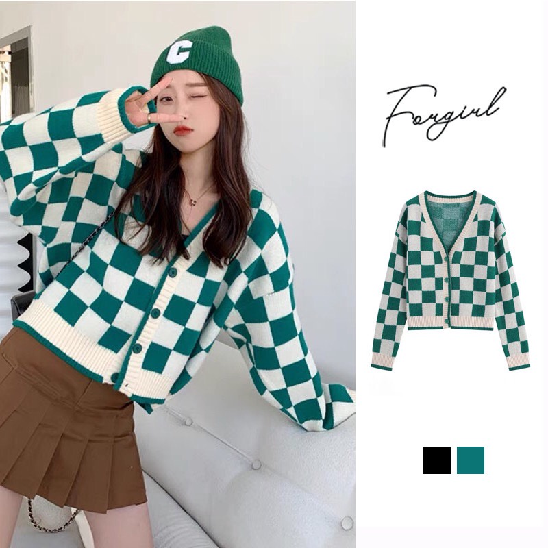 Áo khoác Cardigan kẻ caro ô vuông 2 màu chất len dày dặn Forgirl dáng ôm