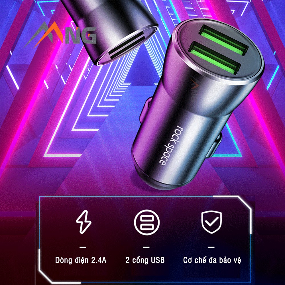 Tẩu sạc nhanh ô tô 2 cổng USB 12v - 24v Rockspace H8 sạc ổn định - hàng chính hãng bảo hành 12 tháng 1 đổi 1