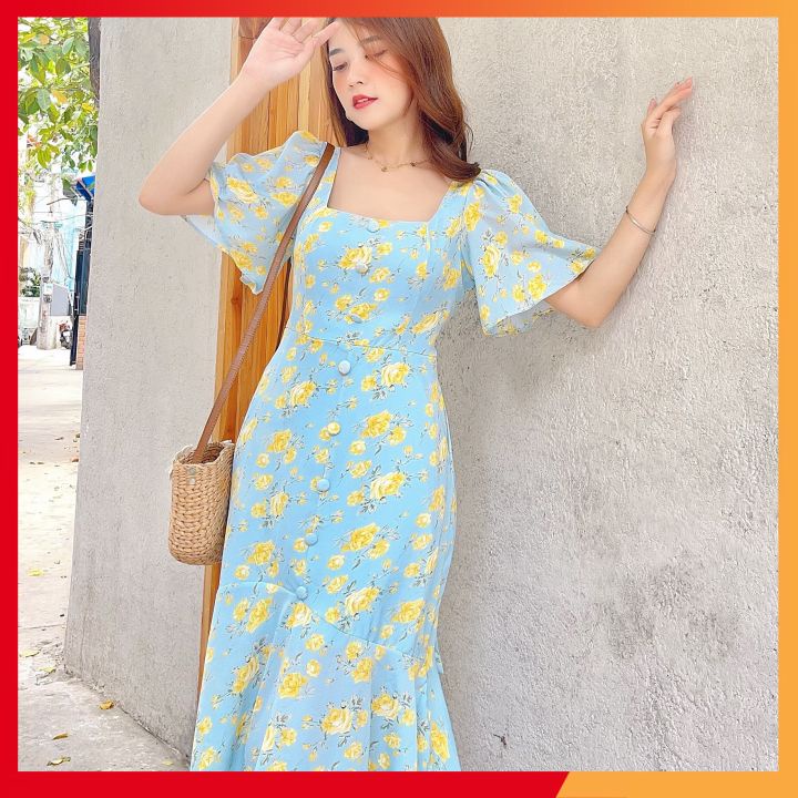 Đầm xòe hoa⚡𝗙𝗥𝗘𝗘 𝗦𝗛𝗜𝗣⚡ Đầm hoa cổ U cúc bọc phối tay cánh tiên siêu che khuyết điểm màu cực ngọt | BigBuy360 - bigbuy360.vn