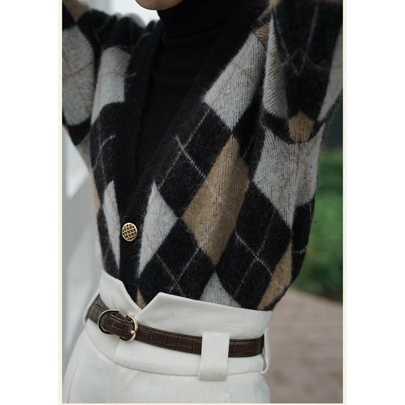 Áo khoác cardigan dệt kim dáng ngắn họa tiết vân kim cương kiểu Pháp retro dễ thương cho nữ