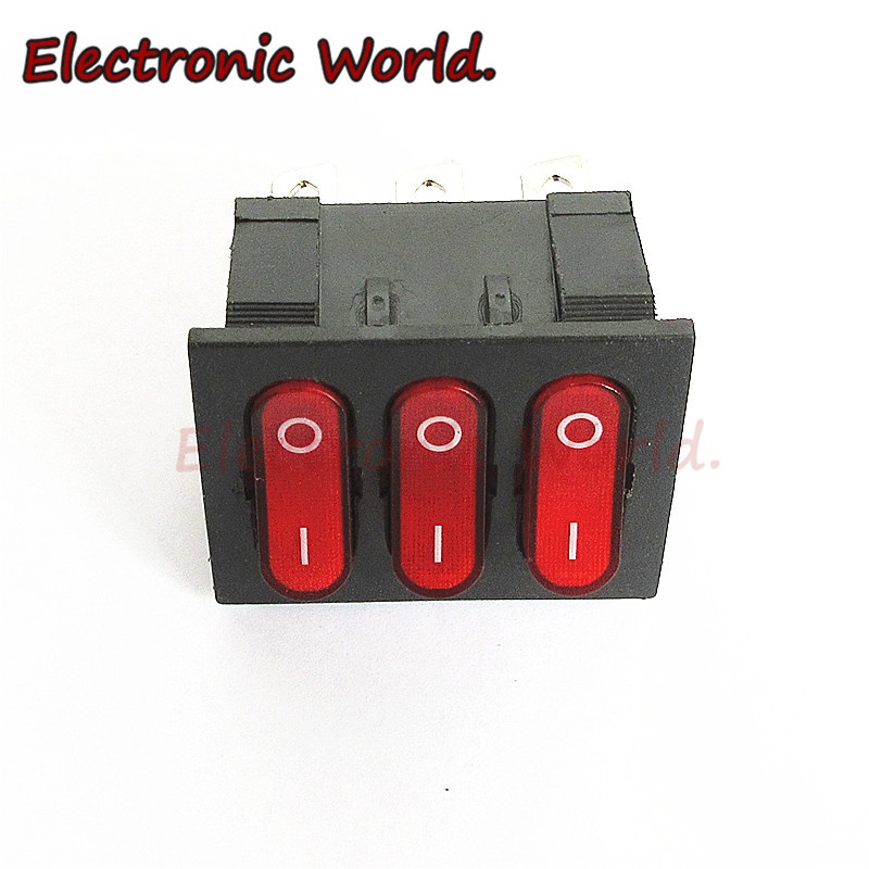 Công Tắc Bật Tắt KCD3 Ba Chân 9 Pin 2 Bánh Răng 15A250V Có Đèn Led Đỏ