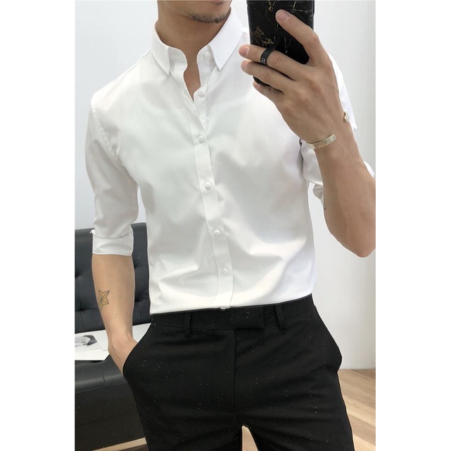 Áo Sơ Mi Dài Tay Nam Đen Trơn Chất Lụa Mịn Chống Nhăn Thời Trang Lịch Lãm