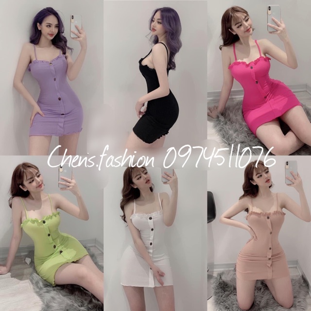  Đầm váy hai dây - Váy body nữ viền bèo phối cúc sexy tôn dáng chất đẹp