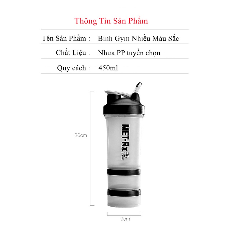Bình nước xịn  bình lắc, shaker thể thao, tập gym 450ml có quả lắc lò xo có hộp chia ngăn đựng whey