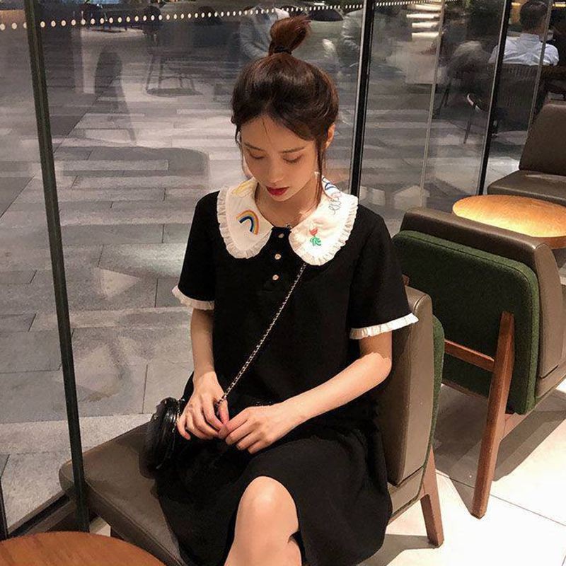 Váy Đầm Dáng Rộng Cổ Búp Bê Thêu Họa Tiết Xinh Xắn Cho Nữ