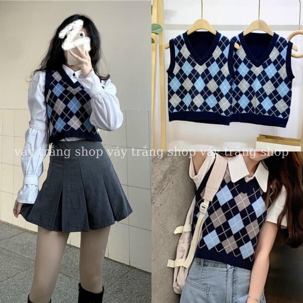 Áo Len Gile Nữ - Áo Gile Len Croptop Cổ Tim Quả Trám, Len Dày Dặn Phong Cách Hàn Quốc