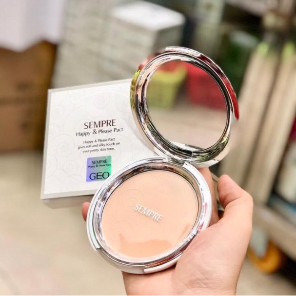 phấn nền Sempre Happy &amp; Please Pact Geo nâng tone kiềm dầu che khuyết điểm chống nước chống nắng SPF 20 chống bết dính