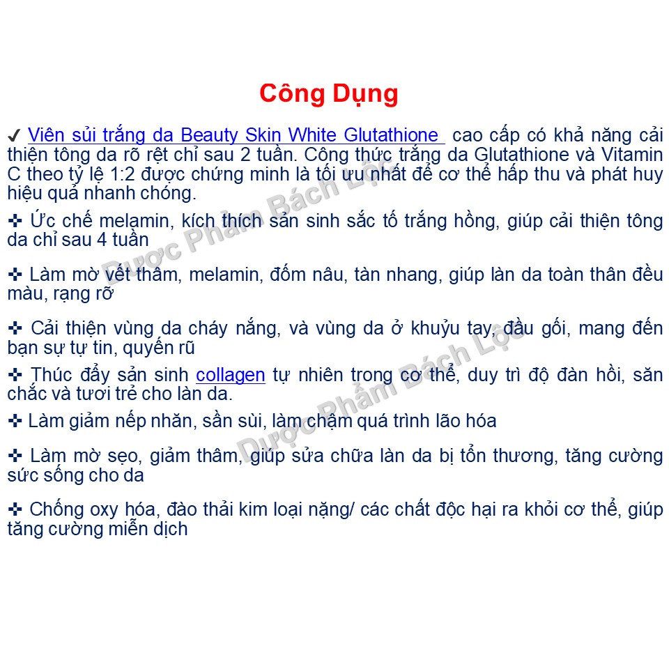 Viên sủi trắng da Beauty Skin White Glutathione giúp làm chậm quá trình lão hóa, làm đẹp da,trắng da ,giảm nám, tàn nhan