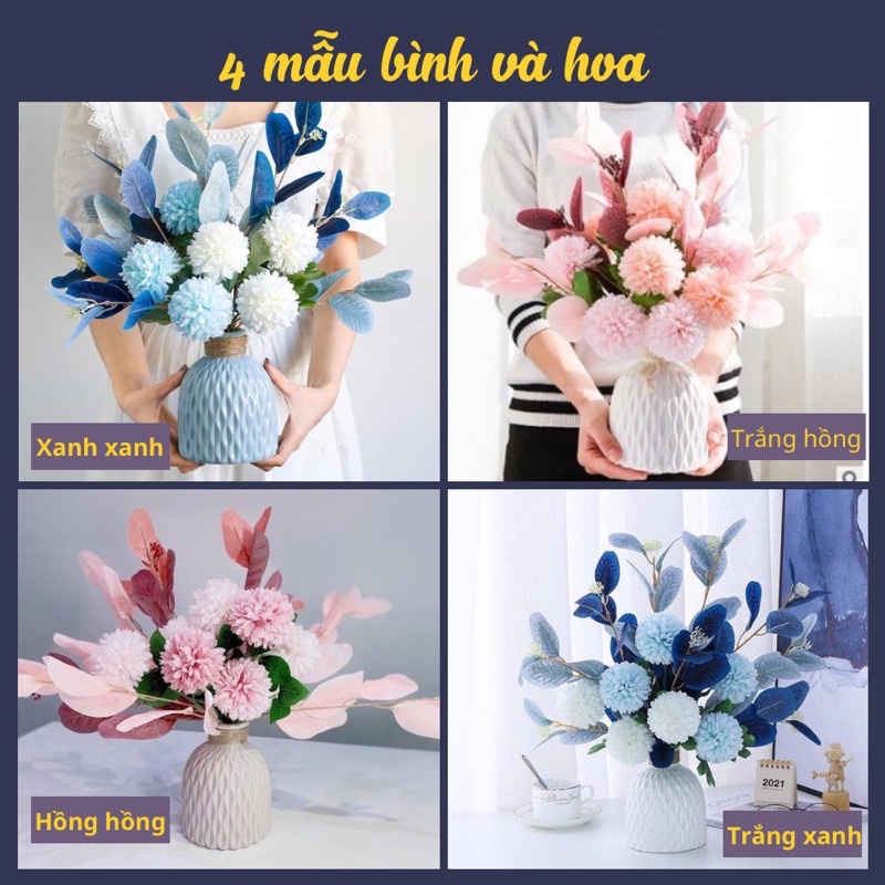 Bình Hoa Giả trang trí phòng khách cắm sẵn để bàn full hoa và chậu - Set gồm bồ công anh lụa và lá điểm