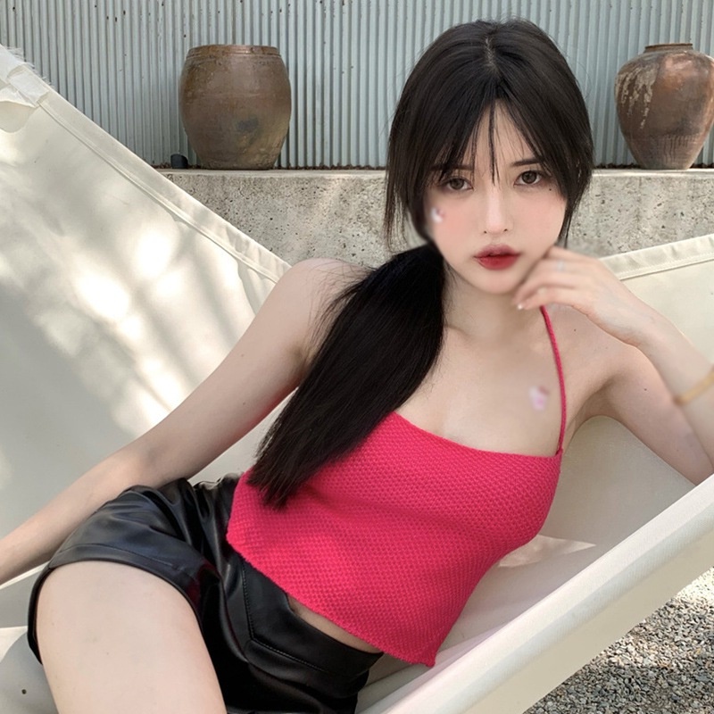 Áo Croptop Dệt Kim Hở Lưng Cột Dây Màu Trơn Thời Trang Mùa Hè Cho Nữ