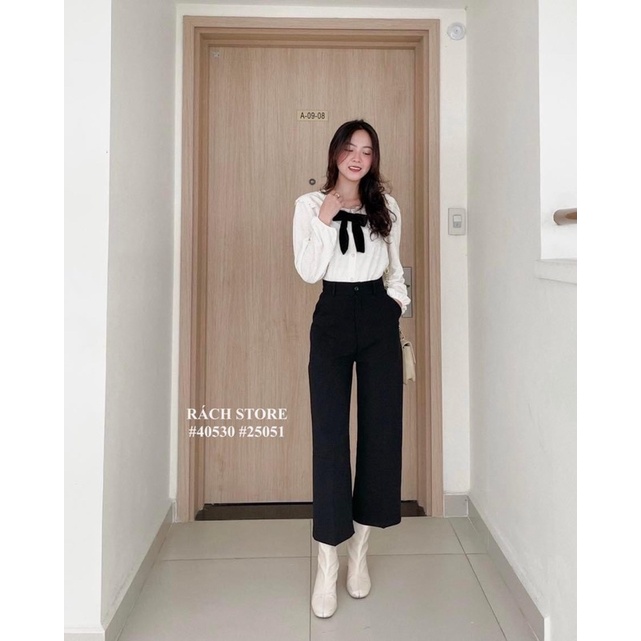 [RÁCH STORE] Áo kiểu cổ thuỷ thủ ren vải xốp hoa (28007)- Quần tây ống rộng 1 nút (10061)