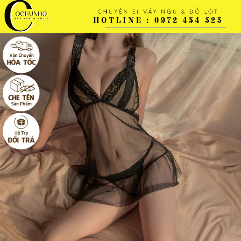 LL870 - Váy ngủ sexy xuyên thấu gợi cảm - Đầm ngủ voan phối ren - cochunhoquan11