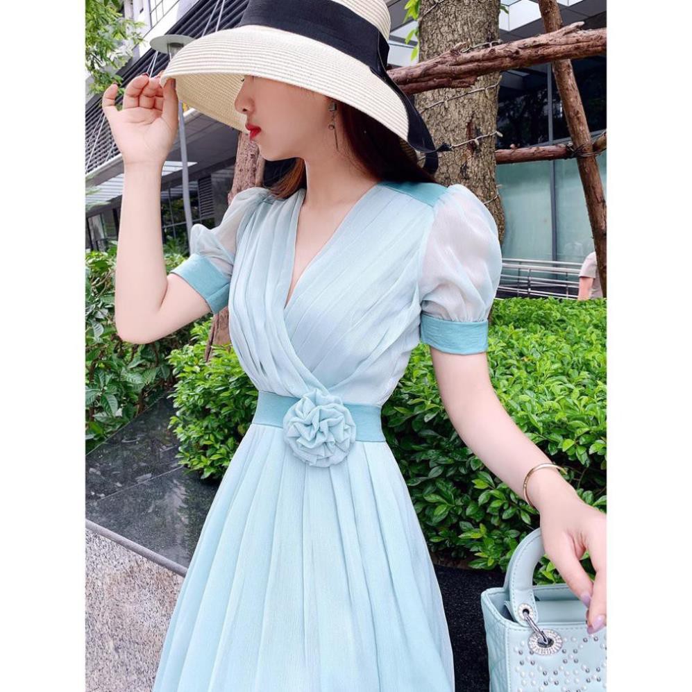 Váy nữ 💗 Đẹp DVC ❤️ Đầm xanh xếp ly V1546 | BigBuy360 - bigbuy360.vn