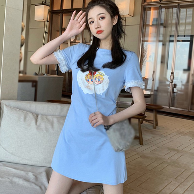 Đầm Chữ A Ngắn Tay In Họa Tiết Hoạt Hình Dành Cho Nữ
