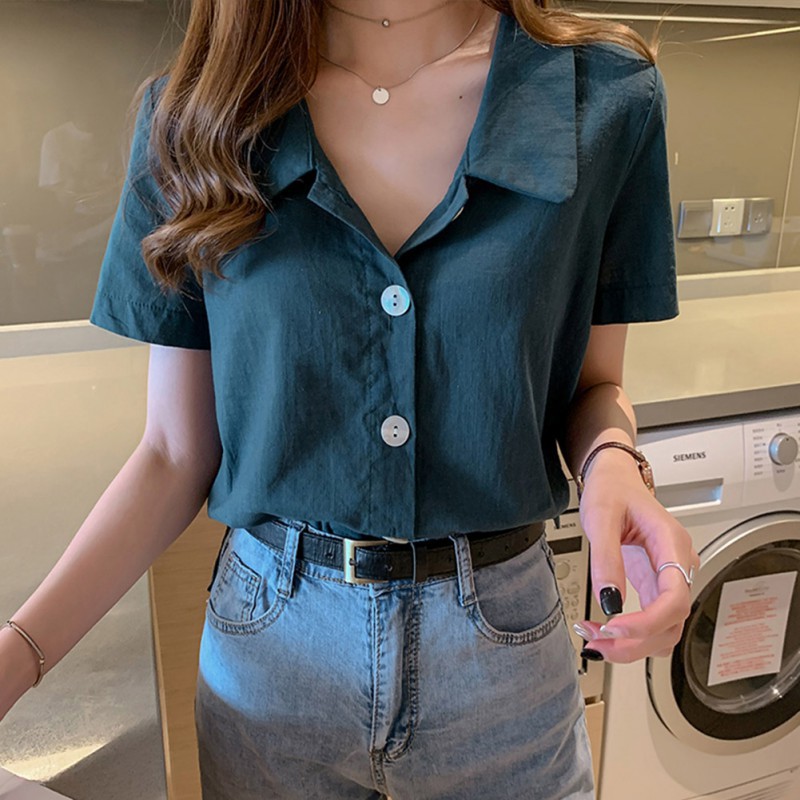 Áo kiểu tay ngắn thiết kế đơn giản thanh lịch cho nữ