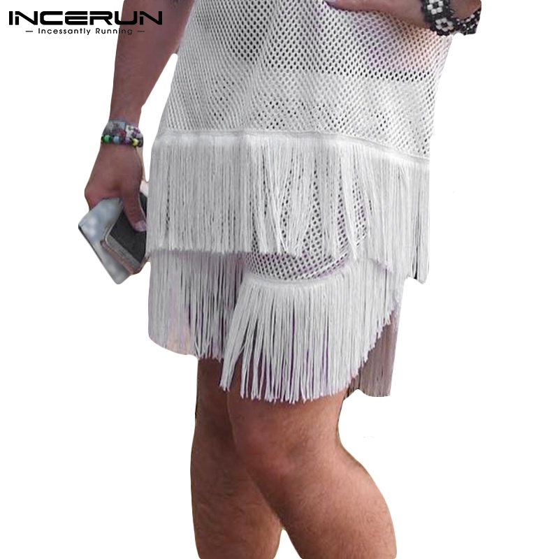 Quần short Incerun màu trắng phối tua rua thiết kế xuyên thấu thoáng khí thời trang cho nam