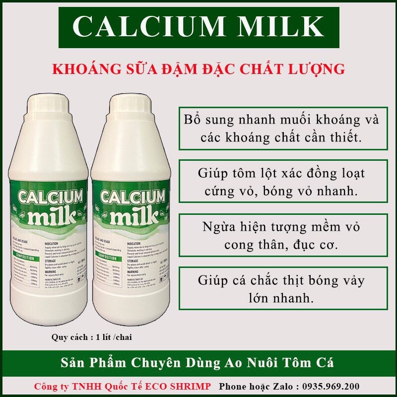 Khoáng sữa Calcium Milk bổ sung muối khoáng và khoáng chất giúp tôm lột xác đồng loạt , cứng vỏ , bóng vỏ nhanh